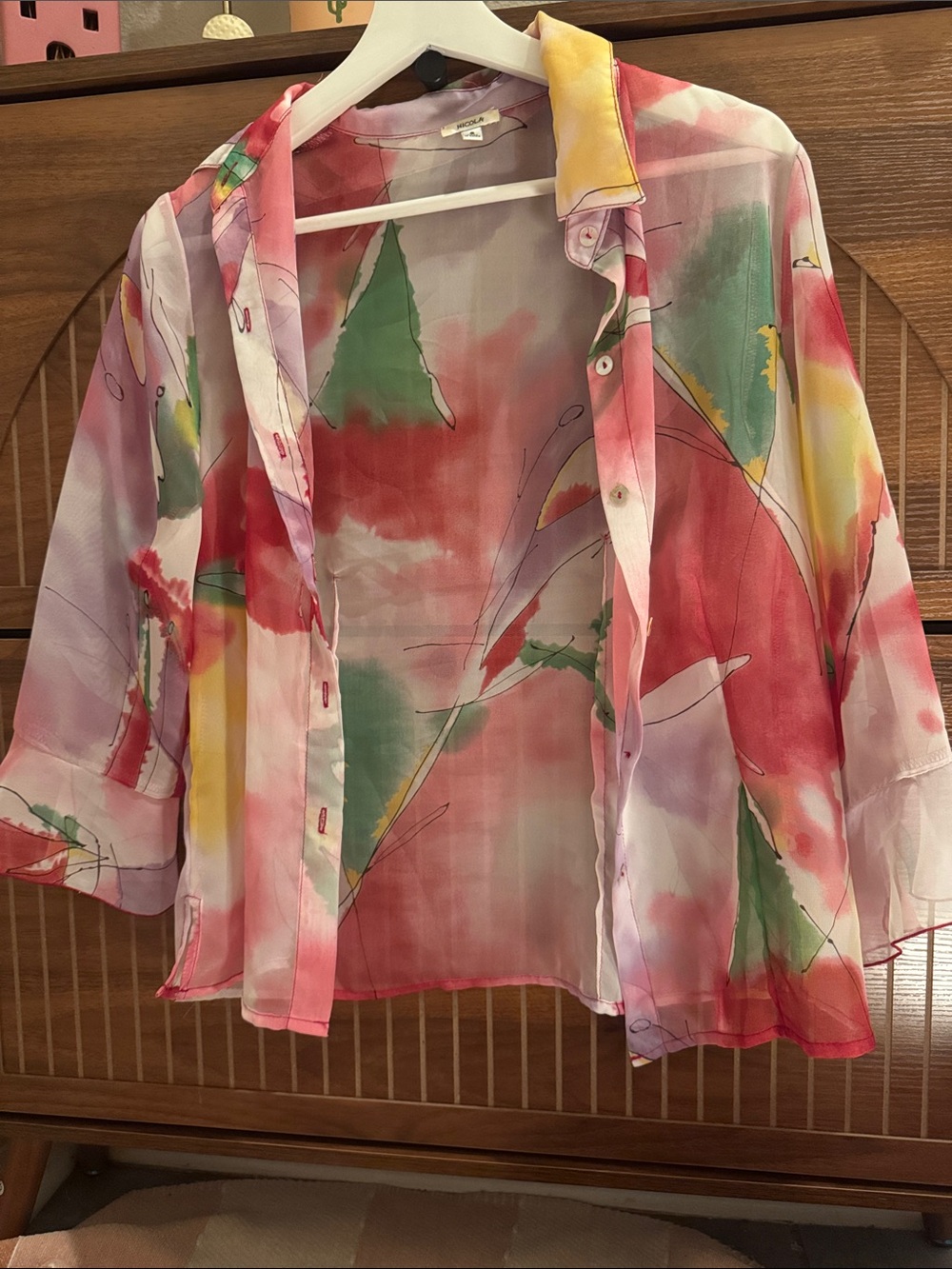 NICOLA Sheer Watercolor Button-Front Shrug in Pink, Green & Yellow